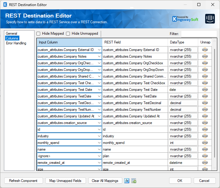 SSIS REST Intercom Destination - Columns